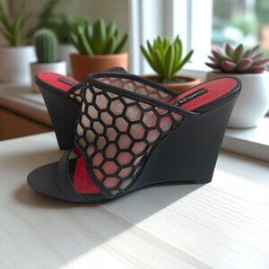 CHARLES JOURDAN Black Honeycomb Strap Wedges Sandals Size 7